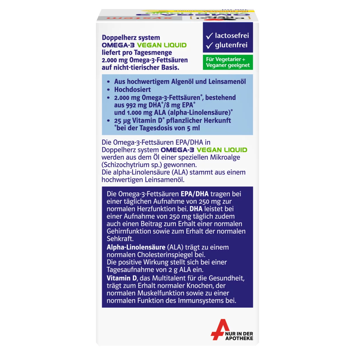 Abbildung der Produktverpackung Doppelherz system OMEGA-3 VEGAN LIQUID 2000 Rückansicht